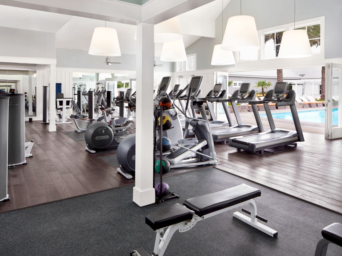 Bright indoor gym with treadmills, ellipticals, and strength machines beside a pool, with palm views through tall windows.