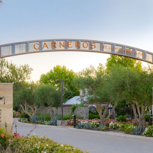 Entrance sign for Carneros Resort and Spa, framed by desert landscaping and palm trees under a clear sky.