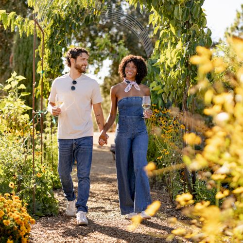A couple strolls through a sunny garden/trellis-lined vineyard, holding hands and wine glasses in the golden light.